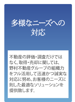 多様なニーズへの
対応 不動産の評価・調査だけではなく、取得・売却に関しては、野村不動産グループの組織力をフル活用して迅速かつ誠実な対応に努め、お客様のニーズに則した最適なソリューションを提供致します。