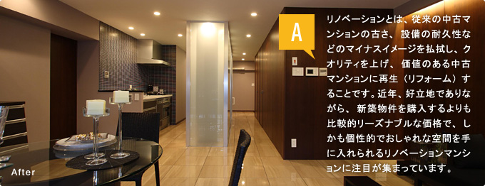 Answer/リノベーションとは、従来の中古マンションの古さ、設備の耐久性などのマイナスイメージを払拭し、クオリティを上げ、価値のある中古マンションに再生(リフォーム)することです。近年、好立地でありながら、新築物件を購入するよりも比較的リーズナブルな価格で、しかも個性的でおしゃれな空間を手に入れられるリノベーションマンションに注目が集まっています。