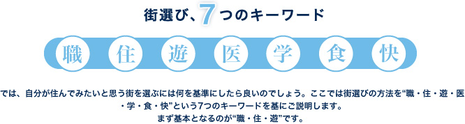 では、自分が住んでみたいと思う街を選ぶには何を基準にしたら良いのでしょう。ここでは街選びの方法を“職・住・遊・医・学・食・快”という7つのキーワードを基にご説明します。
まず基本となるのが“職・住・遊”です。