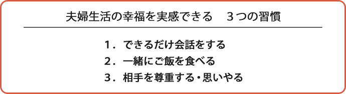 夫婦生活の幸福を実感できる3つの習慣　1.できるだけ会話をする　2.一緒にご飯を食べる　3.相手を尊重する・思いやる