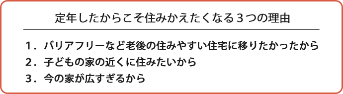 定年したからこそ住みかえたくなる3つの理由　1.バリアフリーなど老後の住みやすい住宅に移りたかったから　2.子どもの家の近くに住みたいから　3.今の家が広すぎるから