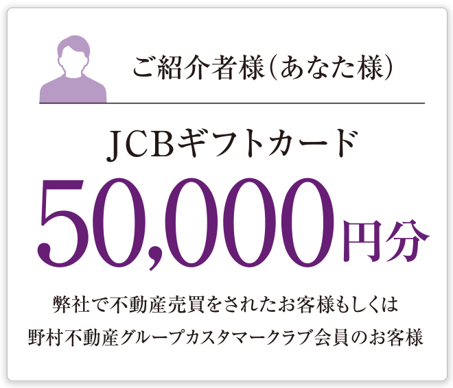 ご紹介者様（あなた様）JCBギフトカード50,000円分 弊社で不動産売買をされたお客様もしくは野村不動産グループカスタマークラブ会員のお客様