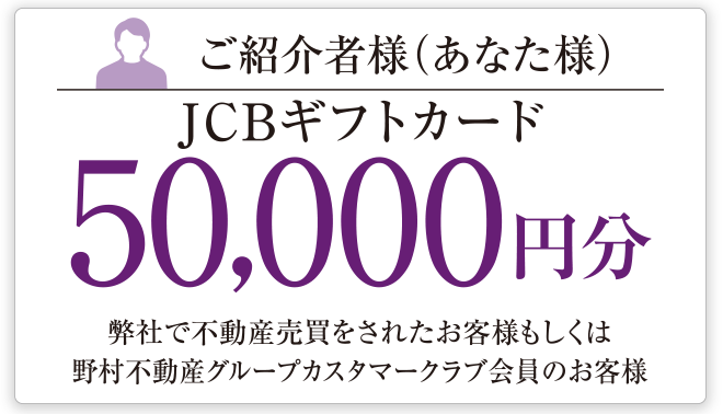 ご紹介者様（あなた様）JCBギフトカード50,000円分 弊社で不動産売買をされたお客様もしくは野村不動産グループカスタマークラブ会員のお客様