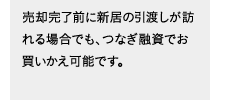 売却完了前に新居の引渡しが訪れる場合でも、つなぎ融資でお買いかえ可能です。
