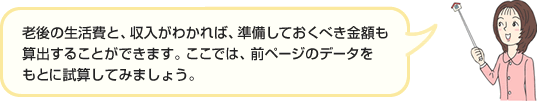 老後の生活費と、収入がわかれば、準備しておくべき金額も算出することができます。ここでは、前ページのデータをもとに試算してみましょう。