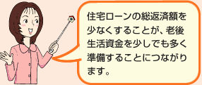住宅ローンの総返済額を少なくすることが、老後生活資金を少しでも多く準備することにつながります。
