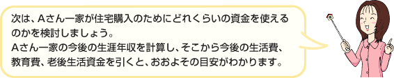次は、Aさん一家が住宅購入のためにどれくらいの資金を使えるのかを検討しましょう。Aさん一家の今後の生涯年収を計算し、そこから今後の生活費、教育費、老後生活資金を引くと、おおよその目安がわかります。