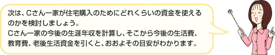 次は、Cさん一家が住宅購入のためにどれくらいの資金を使えるのかを検討しましょう。Cさん一家の今後の生涯年収を計算し、そこから今後の生活費、教育費、老後生活資金を引くと、おおよその目安がわかります。