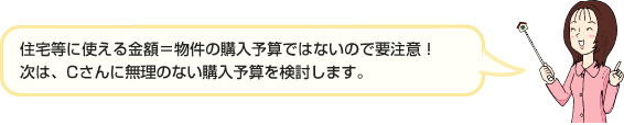 住宅等に使える金額=物件の購入予算ではないので要注意!次は、Cさんに無理のない購入予算を検討します。