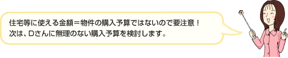 住宅等に使える金額=物件の購入予算ではないので要注意!次は、Dさんに無理のない購入予算を検討します。