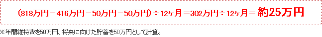 (818万円-416万円-50万円-50万円)÷12ヶ月=302万円÷12ヶ月=約25万円