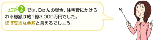 STEP2では、Dさんの場合、住宅費にかけられる総額は約1億3,000万円でした。ほぼ妥当な金額と言えるでしょう。