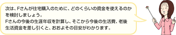 次は、Fさんが住宅購入のために、どのくらいの資金を使えるのかを検討しましょう。Fさんの今後の生涯年収を計算し、そこから今後の生活費、老後生活資金を差し引くと、おおよその目安がわかります。