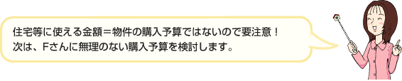 住宅等に使える金額=物件の購入予算ではないので要注意!次は、Fさんに無理のない購入予算を検討します。