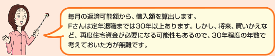 毎月の返済可能額から、借入額を算出します。Fさんは定年退職までは30年以上あります。しかし、将来、買いかえなど、再度住宅資金が必要になる可能性もあるので、30年程度の年数で考えておいた方が無難です。