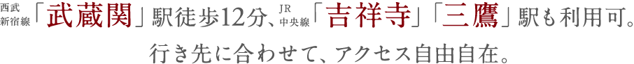 「武蔵関」駅12分、「吉祥寺」「三鷹」駅も利用可。行き先に合わせて、アクセス自由自在。