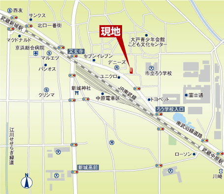新築一戸建て　中原区　JR南武線 武蔵新城駅　上小田中3丁目 B号棟　現地案内図
