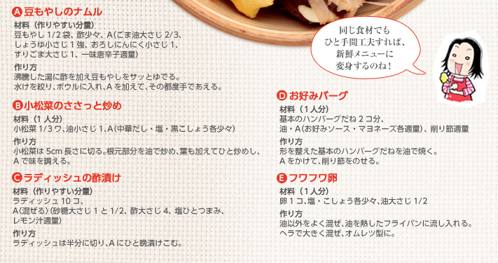 豆もやしのナムル、小松菜のささっと炒め、ラディッシュの酢漬け、お好みバーグ、フワフワ卵