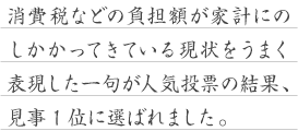 消費税などの負担額が家計にのしかかってきている現状をうまく表現した一句が人気投票の結果、見事1位に選ばれました。