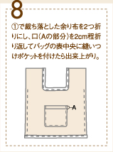 8、（1）で裁ち落とした余り布を2つ折りにし、口（Aの部分）を2cm程折り返してバッグの表中央に縫いつけポケットを付けたら出来上がり。
