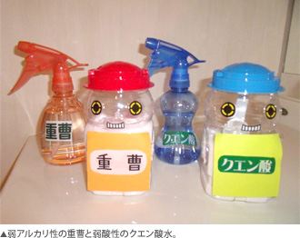 弱アルカリ性の重曹と弱酸性のクエン酸水。