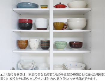 よく使う食器類は、家族の分など必要なものを食器の種類ごとに決めた場所に置くと、使うときに取り出しやすいばかりか、見た目もすっきり収納できます。