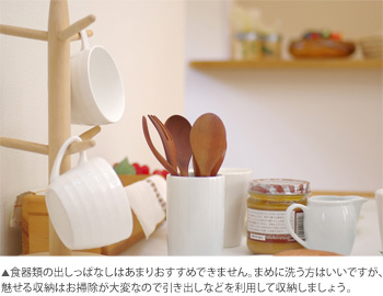 食器類の出しっぱなしはあまりおすすめできません。まめに洗う方はいいですが、魅せる収納はお掃除が大変なので引き出しなどを利用して収納しましょう。
