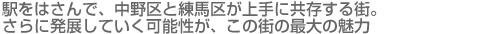駅をはさんで、中野区と練馬区が上手に共存する街。さらに発展していく可能性が、この街の最大の魅力
