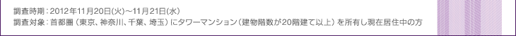 調査時期：2012年11月20日（火）～11月21日（水） 調査対象：首都圏（東京、神奈川、千葉、埼玉）にタワーマンション（建物階数が20階建て以上）を所有し現在居住中の方