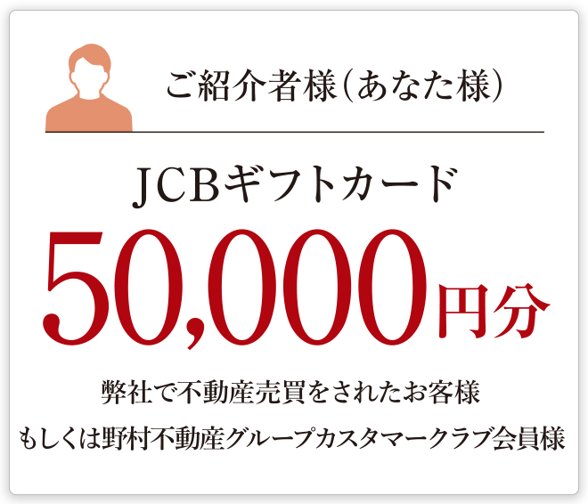 ご紹介者様（あなた様）JCBギフトカード50,000円分 弊社で不動産売買をされたお客様もしくは野村不動産グループカスタマークラブ会員様