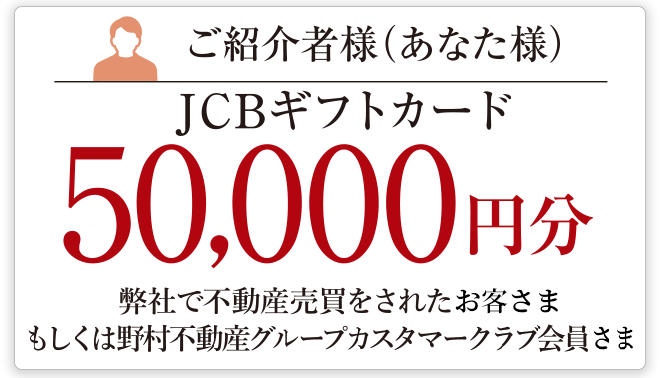 ご紹介者様（あなた様）JCBギフトカード50,000円分 弊社で不動産売買をされたお客様もしくは野村不動産グループカスタマークラブ会員さま
